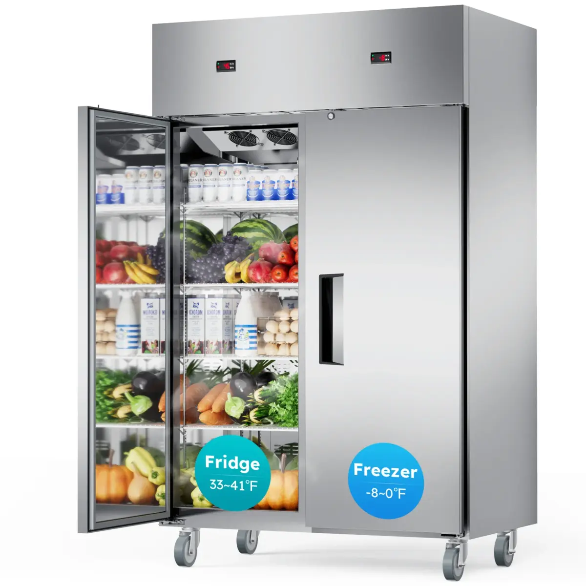 48" W Commercial Refrigerator Freezer Combo 2 Temperature Zones 38 Cu.ft Industrial Fridge and Freezer Combo 8 Adjustable Shelve - Image 1