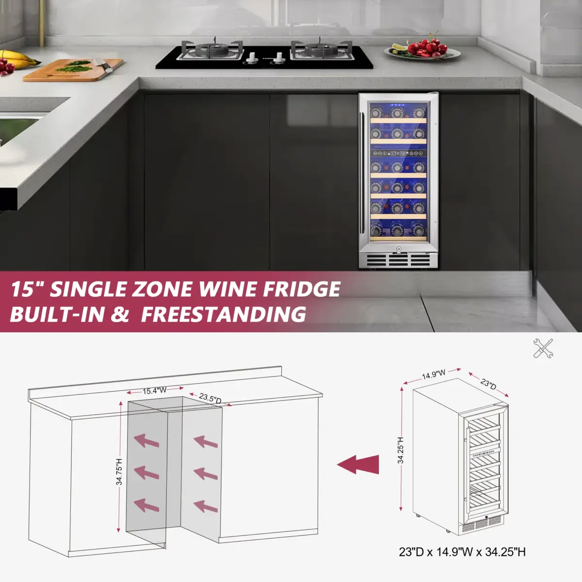 SIMZLIFE 15-inch Wine Refrigerator, Dual/Single Zone, Wine Cooler with Digital Temperature Control, Two-Way Glass Door - Image 6