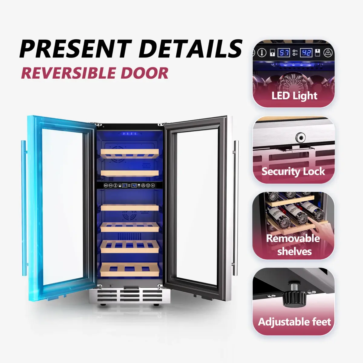 SIMZLIFE 15-inch Wine Refrigerator, Dual/Single Zone, Wine Cooler with Digital Temperature Control, Two-Way Glass Door - Image 5
