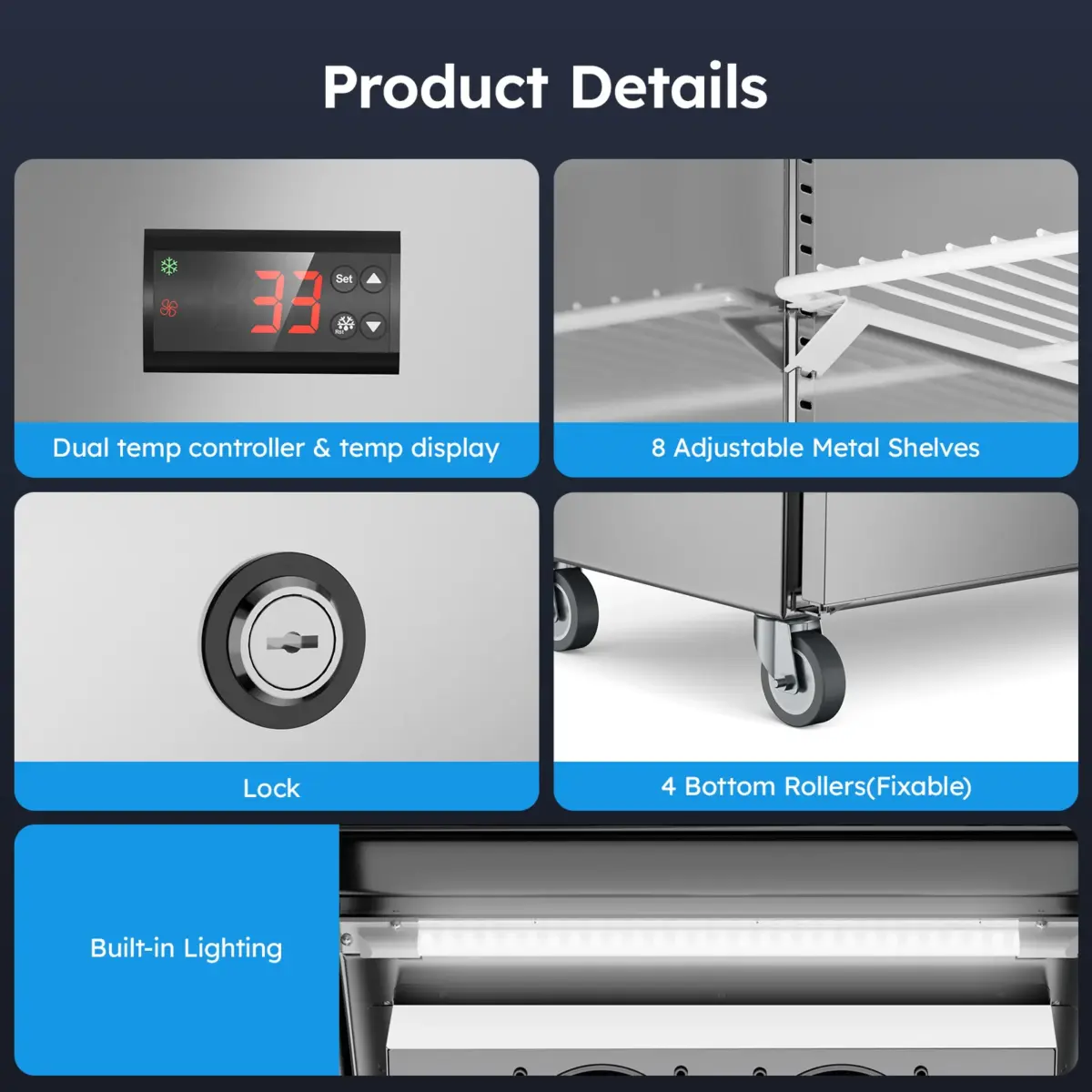 48" W Commercial Refrigerator Freezer Combo 2 Temperature Zones 38 Cu.ft Industrial Fridge and Freezer Combo 8 Adjustable Shelve - Image 6