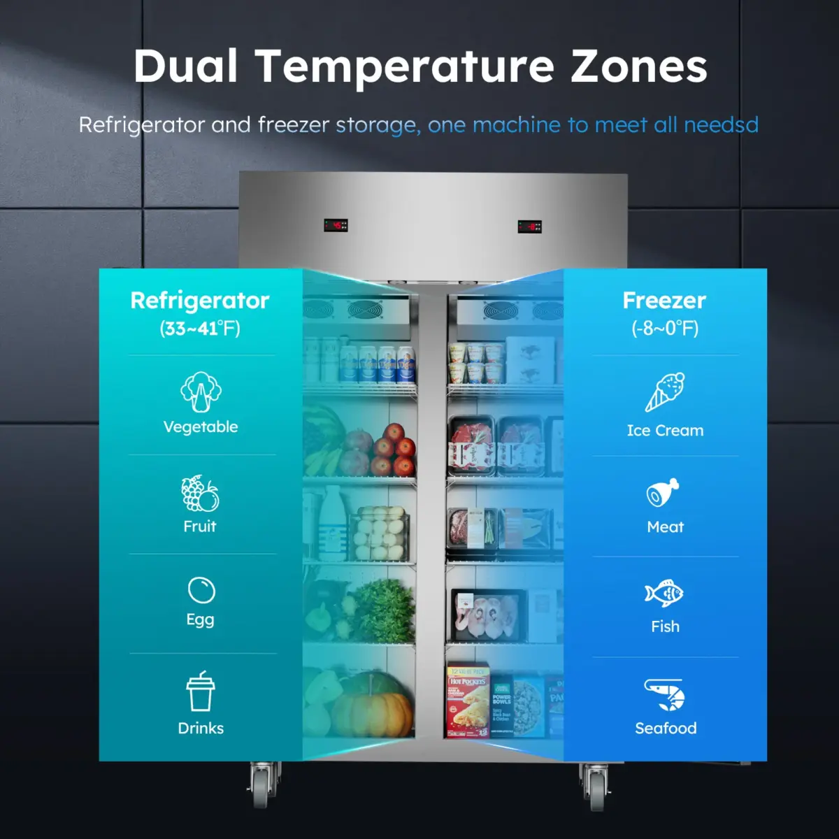 48" W Commercial Refrigerator Freezer Combo 2 Temperature Zones 38 Cu.ft Industrial Fridge and Freezer Combo 8 Adjustable Shelve - Image 5