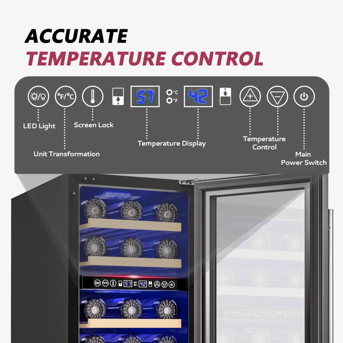 SIMZLIFE 15-inch Wine Refrigerator, Dual/Single Zone, Wine Cooler with Digital Temperature Control, Two-Way Glass Door - Image 3