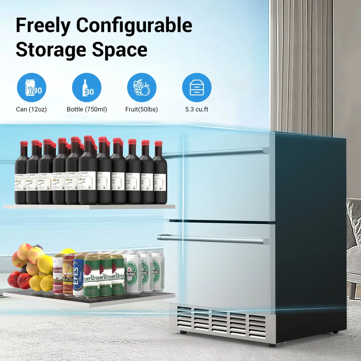 Outdoor Refrigerator for Patio, Outdoor Drawer Fridge, 24 Inch Undercounter Refrigerators with Wheels, 120 Cans Beverage Fridge - Image 3