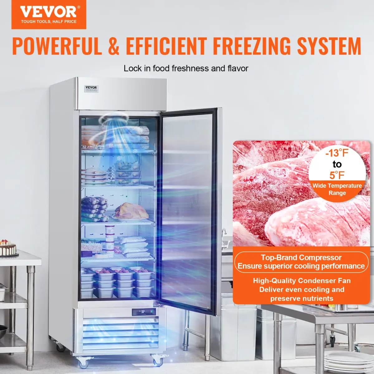 SucceBuy Commercial Freezer Freezer Single Door Auto-Defrost Stainless Steel Reach-in Freezer -13 to 5℉ Temp Control - Image 2