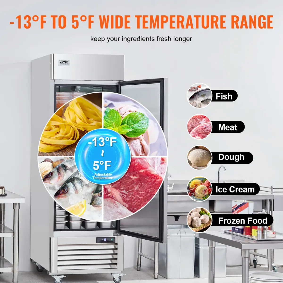 SucceBuy Commercial Freezer Freezer Single Door Auto-Defrost Stainless Steel Reach-in Freezer -13 to 5℉ Temp Control - Image 5