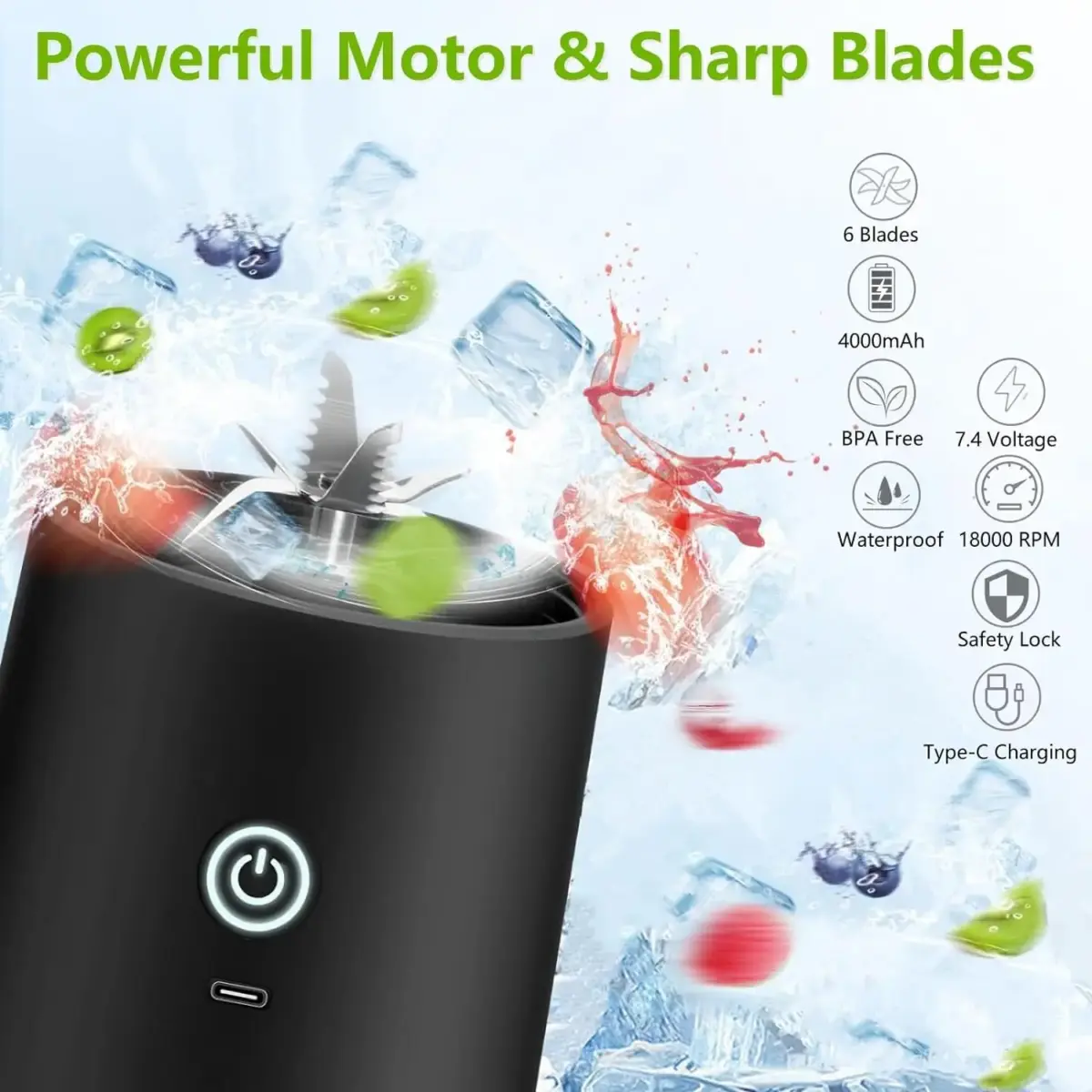Portable Blender, Cordless, 18oz. Vessel, Personal Blender-for Shakes & Smoothies, BPA Free, Leakproof-Lid USB-C Rechargeable - Image 2