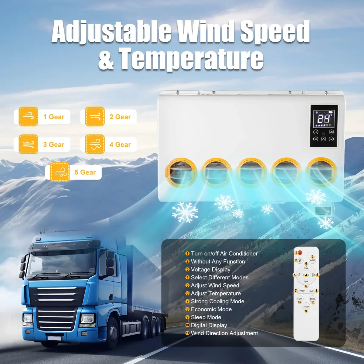 12V 800W Outside Inside Truck Cab Air Conditioner Split White Air Conditioner Kit, 5 Gears Wind Speed and Remote Control for Cab - Image 3