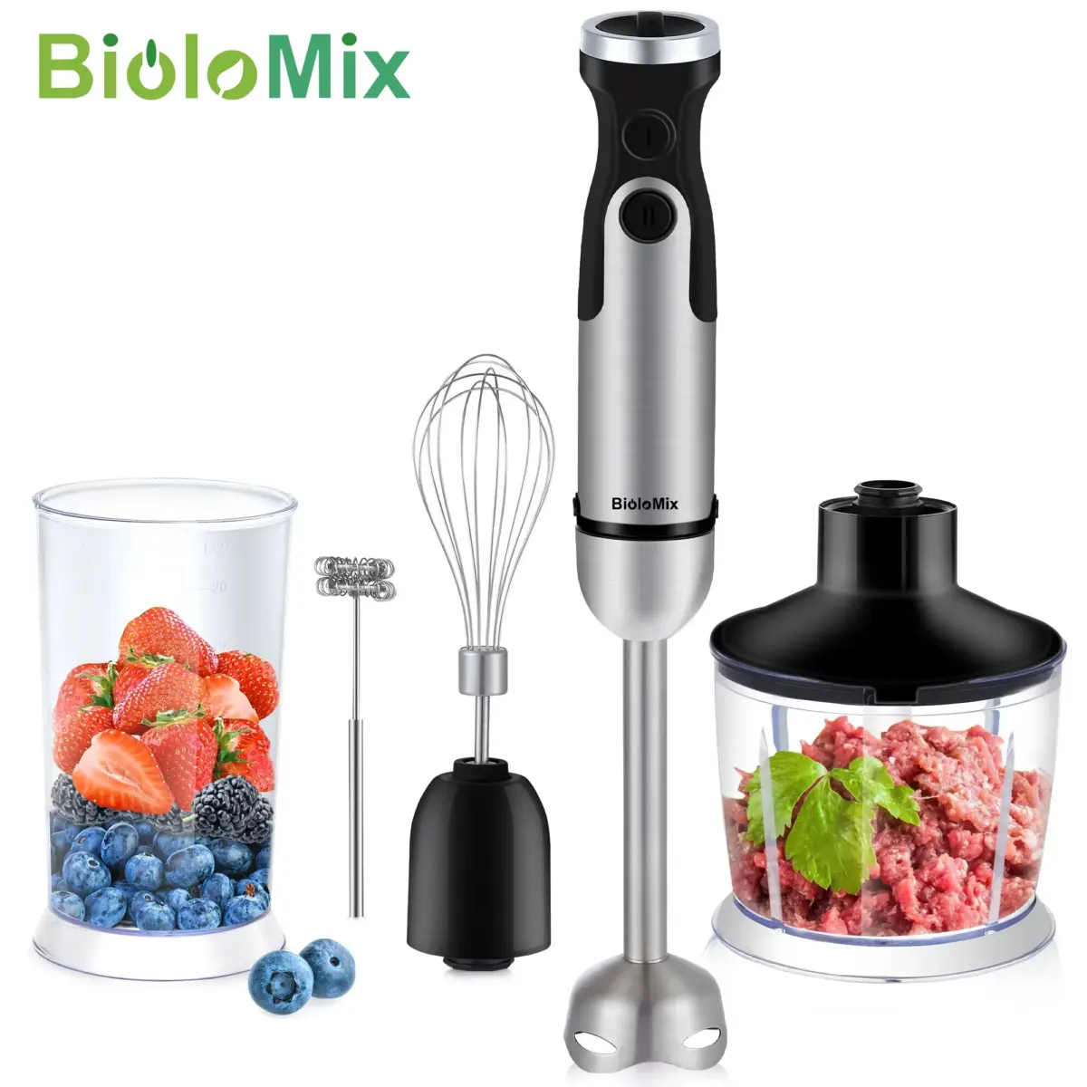 BioloMix 1200W 5-in-1 Immersion Hand Stick Blender Mixer Vegetable Meat Grinder 800ml Chopper Whisk 600ml Smoothie Cup - Image 1