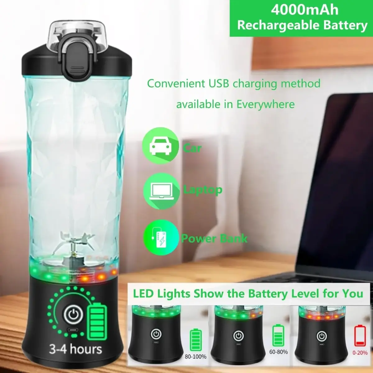 Portable Blender, Cordless, 18oz. Vessel, Personal Blender-for Shakes & Smoothies, BPA Free, Leakproof-Lid USB-C Rechargeable - Image 3