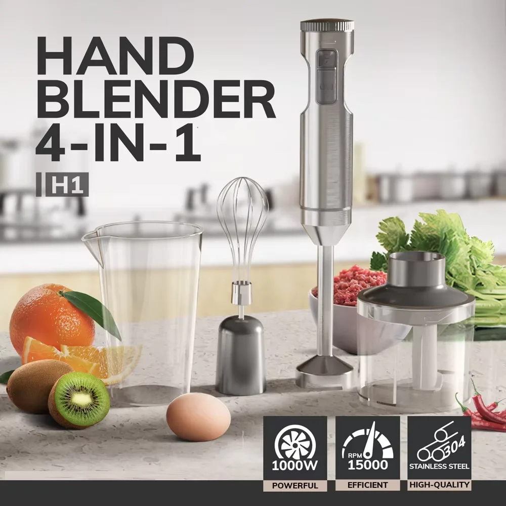 kf-S2dbc3b02c313448d9515b03deed2ce38Z Hand Immersion Blender 1000W Powerful 4-in-1,Stainless Steel Stick Food Mixer,700ml Mixing Beaker,500ml Processor,Whisk - Image 1